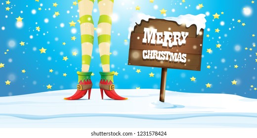 vector creative merry christmas horizontal banner with cartoon elf hot girls legs, falling snow, lights and wooden sign 
 with greeting calligraphic text Merry christmas. Christmas girl