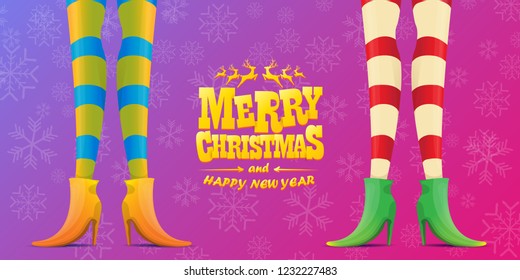 vector creative merry christmas horizontal banner with cartoon elf hot girls legs and golden greeting calligraphic text Merry christmas isolated on violet background with snowflakes. Christmas girl