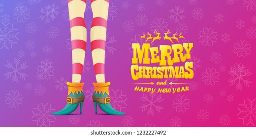vector creative merry christmas horizontal banner with cartoon elf hot girls legs and golden greeting calligraphic text Merry christmas isolated on violet background with snowflakes. Christmas girl
