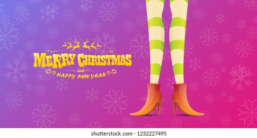 vector creative merry christmas horizontal banner with cartoon elf hot girls legs and golden greeting calligraphic text Merry christmas isolated on violet background with snowflakes. Christmas girl