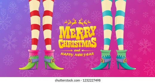 vector creative merry christmas horizontal banner with cartoon elf hot girls legs and golden greeting calligraphic text Merry christmas isolated on violet background with snowflakes. Christmas girl