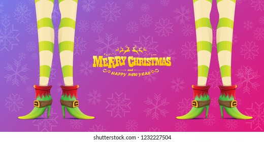 vector creative merry christmas horizontal banner with cartoon elf hot girls legs and golden greeting calligraphic text Merry christmas isolated on violet background with snowflakes. Christmas girl