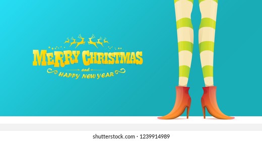 vector creative merry christmas horizontal banner with cartoon elf hot girls legs and golden greeting calligraphic text Merry christmas isolated on azure wall background. Christmas girl