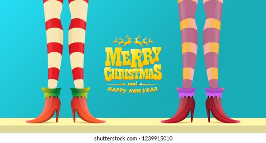 vector creative merry christmas horizontal banner with cartoon elf hot girls legs and golden greeting calligraphic text Merry christmas isolated on azure wall background. Christmas girl