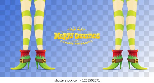 vector creative merry christmas horizontal banner with cartoon elf hot girls legs and golden greeting calligraphic text Merry christmas isolated on transparent background. Christmas girl