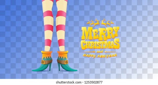 vector creative merry christmas horizontal banner with cartoon elf hot girls legs and golden greeting calligraphic text Merry christmas isolated on transparent background. Christmas girl
