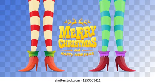 vector creative merry christmas horizontal banner with cartoon elf hot girls legs and golden greeting calligraphic text Merry christmas isolated on transparent background. Christmas girl