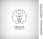 Vector creative mind logo, creative group logo, two heads and light bulb between illustration. Thinking, creating new ideas concept. Outline logo