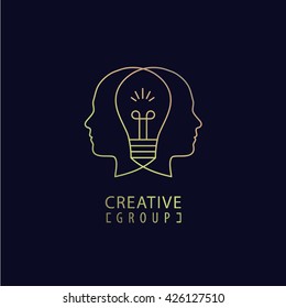 Vector creative mind logo, creative group logo, two heads and light bulb between illustration. Thinking, creating new ideas concept. Outline