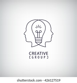 Vector creative mind logo, creative group logo, two heads and light bulb between illustration. Thinking, creating new ideas concept. Outline logo