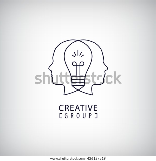 Vector creative mind logo, creative group logo, two\
heads and light bulb between illustration. Thinking, creating new\
ideas concept. Outline\
logo