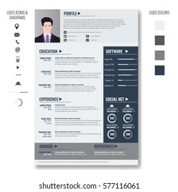 Vector creative minimalist cv resume template with photo frame and infographic charts. Casual, solid and clean template .