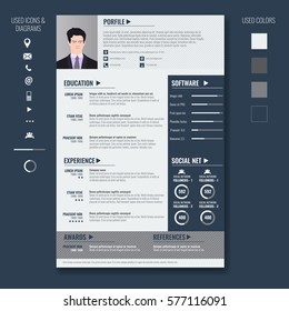 Vector creative minimalist cv resume template with photo frame and infographic charts. Casual, solid and clean template .