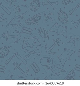 Vektorillustration kreative moderne Kunst nahtlose Textur mit bizarren Elementen und Figuren. Dunkelblauer Hintergrund.