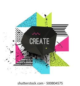 Vector creative modern illustration with polygonal frame, geometric shapes and grunge splash. Abstract trendy background for brochure, flyer, poster or presentation design. 
