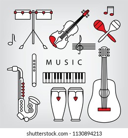 Vector creative musical icons concept.Identity with sax guitar piano and violin