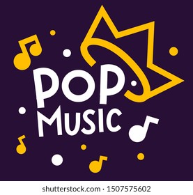 Vector creative musical illustration with lettering text and yellow crown on dark background. Line art style design for web, site, banner, cover, poster