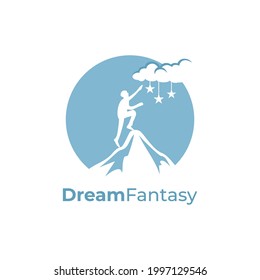 Vector Of Creative Negative Space Logo Of Dream Maker Fantasy With People Touch The Sky Illustration