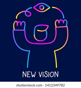 Vector creative neon color illustration of business man raising hands and pointing to the eye on dark background with text. Line art trend style graphic design for web, site, banner, presentation