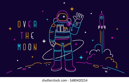 Vector creative neon illustration of astronaut exploring outer space on dark background with star and rocket. Cosmonaut in spacesuit making spacewalk on moon. Line art style spaceflight concept design