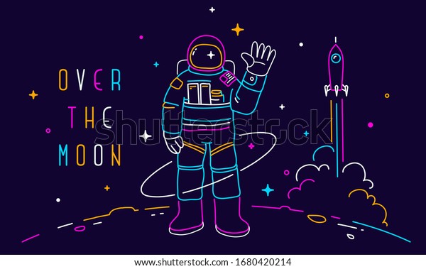 Vector creative neon illustration of astronaut exploring outer space on dark background with star and rocket. Cosmonaut in spacesuit making spacewalk on moon. Line art style spaceflight concept design