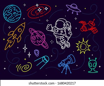 Vector Creative Neon Illustration Of Cosmonaut In Spacesuit And Space Objects On Dark Background With Star. Astronaut Exploring Outer Space. Line Art Style Design For The Holiday Cosmonautics Day Card