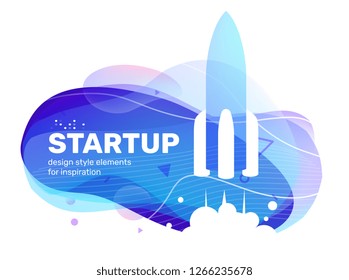 Vector creative new business blue color illustration with abstract shape, text and space rocket on white background. Template design for startup banner, presentation, print