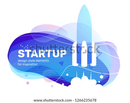 Vector creative new business blue color illustration with abstract shape, text and space rocket on white background. Template design for startup banner, presentation, print