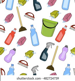 Vector creative pattern of Flat design cleaning tools logo. Household supplies icons set. Cleaning items vector seamless pattern