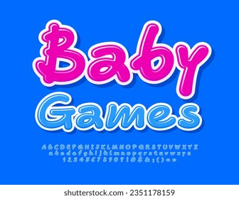 Vector creative poster Baby Games. Blue handwritten Font. Artistic Alphabet Letters, Numbers and ymbols set