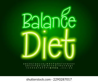 Dieta creativa de balance de póster vectorial. Fuente verde brillante. Letras y números del alfabeto neón