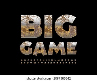 Vector Creative Poster Big Game With Rusty Metallic Font. Modern Set Of Grunge Textured Alphabet Letters And Numbers Set 