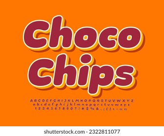 Cartel creativo vectorial Choco Chips. Fuente 3D artística. Letras, números y símbolos luminosos de alfabeto