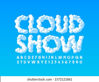 Vector Creative Poster Cloud Show With Uppercase Font. Sky Texture Alphabet Letters And Numbers