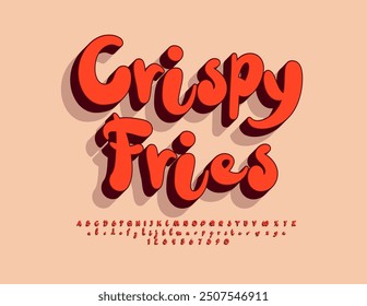 Cartel creativo de Vector Crispy Fries. Fuente 3D divertida. Conjunto de letras y números de alfabeto juguetón.