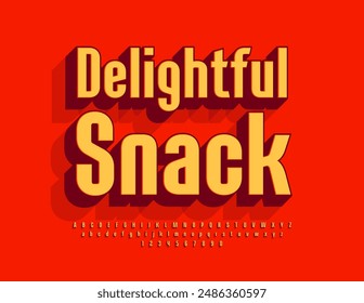 Vector creative poster emblem Delightful Snack. Bright Modern 3D Font. Trendy Alphabet Letters and Numbers set.