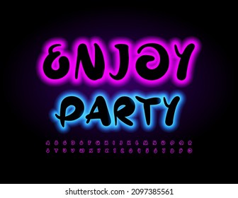 Afiche creativo vectorial Disfruta de fiesta con letra artística neón. Juego brillante de letras y números de alfabeto de moda