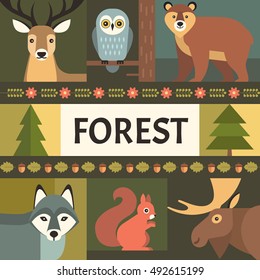 Vector creative poster with forest animals and plants, including deer, bear, owl, wolf, squirrel and moose, arranged in a square geometric composition.