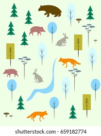 Vector creative poster with forest animals and plants.