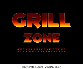 Cartel creativo de Vector Grill Zone. Fuente flameante. Letras y números del alfabeto de fuego brillante