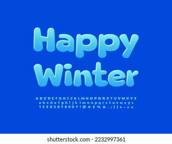 Vector creative poster Happy Winter. Blue Glossy Font. Candy style Alphabet Letters, Numbers and Symbols set