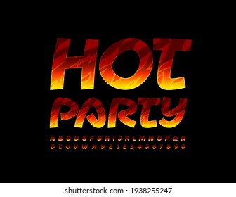 Vector creative poster Hot Party. Bright flaming Font. Fire pattern Alphabet Letters and Numbers set