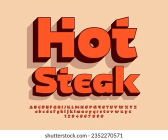 Vector creative poster Hot Steak. Unique Red 3D Font. Trendy Alphabet Letters, Numbers and Symbols set