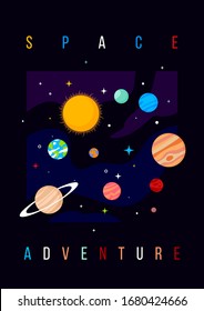 Vector creative poster illustration of astronomical bodies and sun on dark background. Celestial object in outer space with header. Planet of solar system in galaxy. Flat style cosmic education design