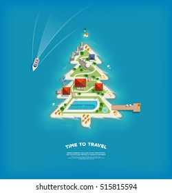 Vector creative poster with Island in the form of a Christmas tree. Travel and tourism banner with top view. 