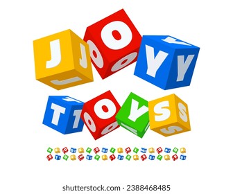 Afiche creativo vectorial Joy Toys. Cubos fuente brillante. Colorido conjunto de letras y números de alfabeto 3D