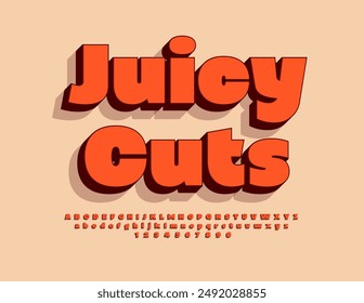 Vector creative poster Juicy Cuts. Bold Red Font. Modern 3D Alphabet Letters and Numbers set.