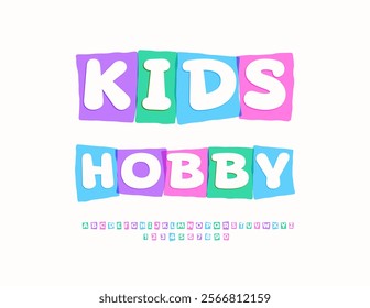 Vector creative poster Kids Hobby. White Font in Colorful Blocks. Funny Children  Alphabet Letters and Numbers set.