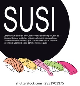 Vector creative poster with linear sushi or sashimi with color spots. For advertising, menu design, banners and printing products