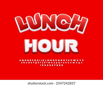 Vector creative poster Lunch Hour. White and Red Stylish Font. Set of  Unique Alphabet Letters and Numbers.
